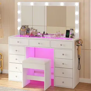 Vanity Desk Makeup Station with Tempered Glass Top Power Outlet 11 Drawers 3 RGB Illuminated Storage 12 LED Lights Dressing Table Bedroom Furniture Vanity Set with Chair Modern Vanity Table for Cosmetics Organization