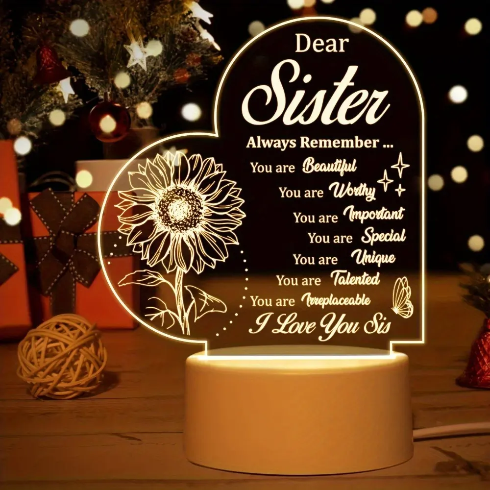 Acrylic LED Heart-Shaped Ambient Night Light - Sunflower Engraved Desk Lamp, Led Mood Lamp, Decorative Illuminated Night Light for Bedroom Home Decor, 1pc Gift for Sisters' Birthday Christmas Nightstand