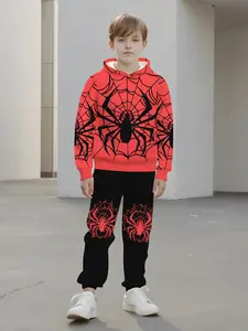 Boys Fashion Spidey Pattern Spider 3D Print Hoodie Set, Long Sleeve Sports Wear, Casual Fall & Winter Outdoor Hoodies, Sweatshirt