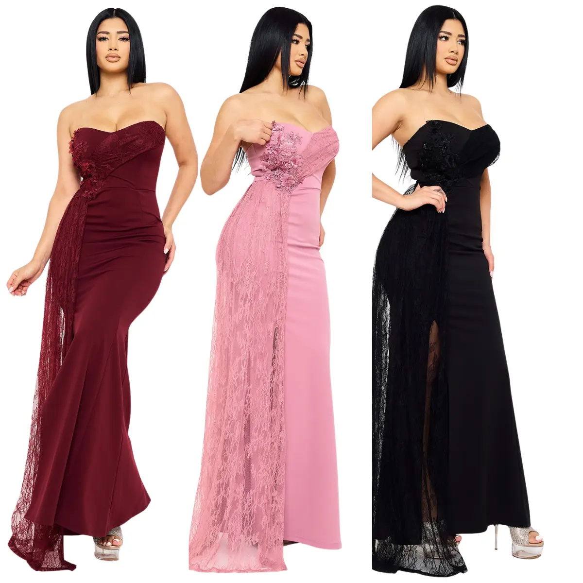 Strapless Lace Mermaid Gown for Women | Elegant Formal Evening Dress Womenswear Black