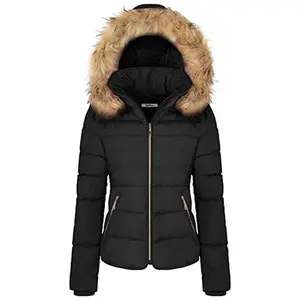 Women's Winter Quilted Puffer Coat Fleece Lined Warm Jacket with Removable Faux Fur Hood and Zipper Womenswear ComfortableGift