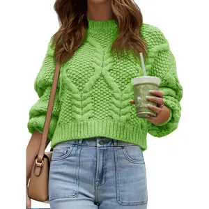 Imily Bela Womens Cable Knit Cropped Sweater Fall Chunky Puff Long Sleeve Crewneck Loose Casual Pullover Tops