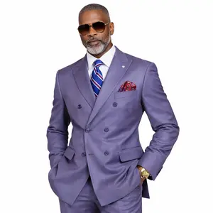 Regular Fit Double Breasted Sharkskin 2 Piece Suit with Adjustable Waistband Pants – Dusty Purple – DRK-5