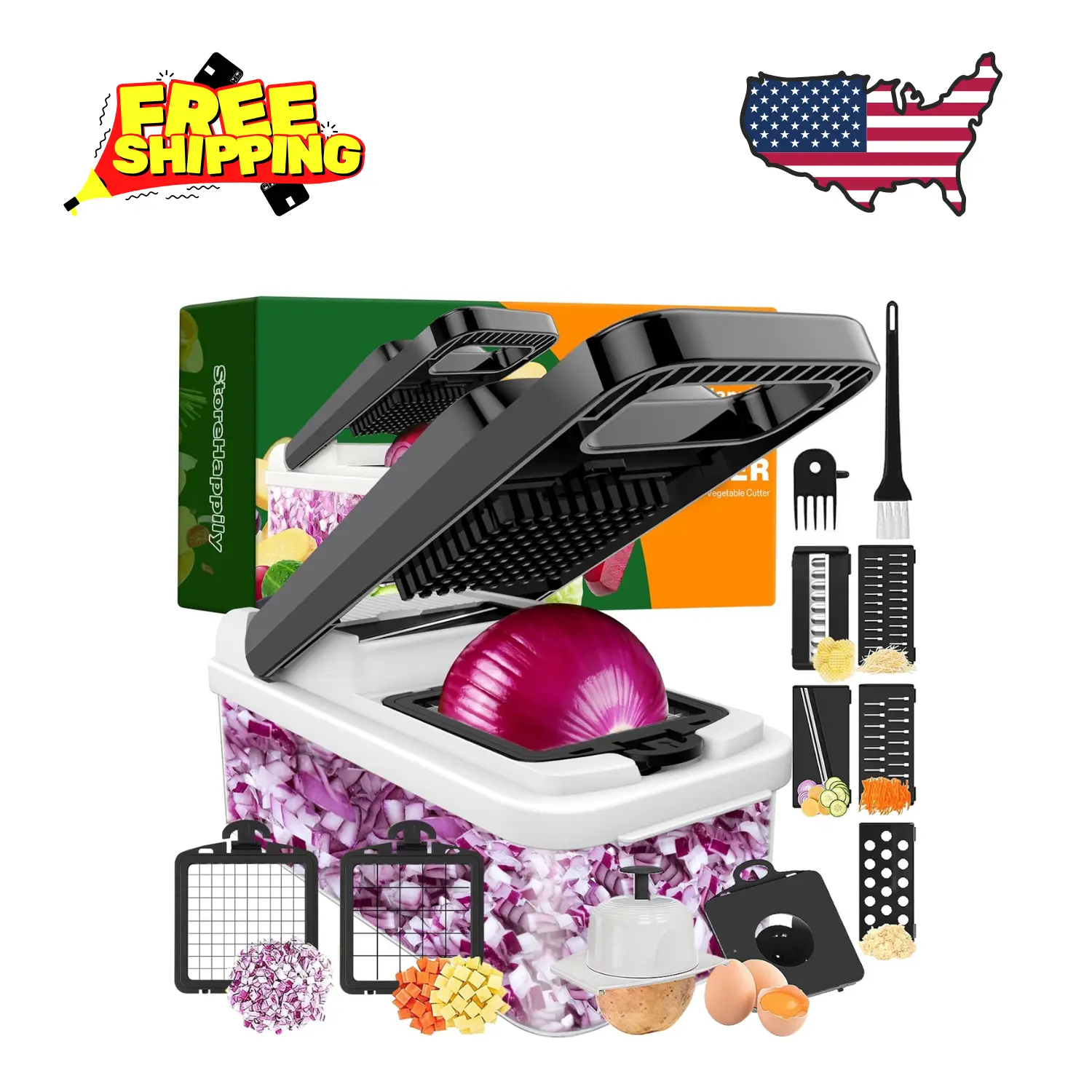12-in-1 Vegetable Chopper, 7 Blades Veggie Chopper with Container and Lid, Dicer, Slicer, (Black/White)