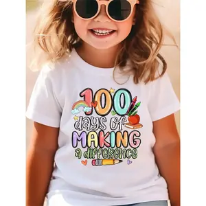 SHOWTLY Brand, T-Shirt, 100 Days of Making a Difference, Colorful Graphic Print, Playful Lettering, School Theme, Crayons Apple Pencil Design, Comfortable And Soft, Round Neck, Casual And Fashionable, Suitable for Daily Activities/Kids Cloth (3-13Y)