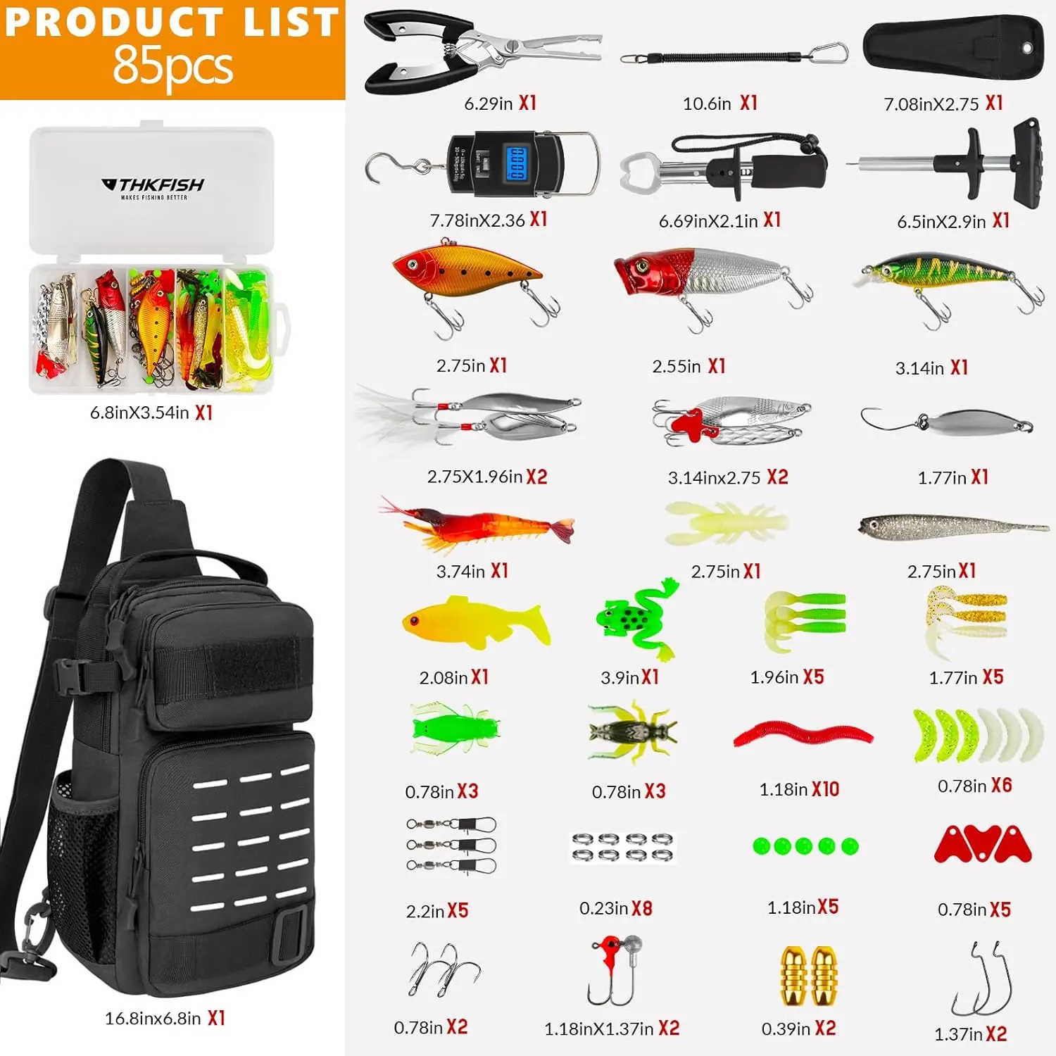 THKFISH 85 Pcs Fishing Lures Set for Beginners & Pros, Complete Kit with Waterproof Backpack, Tackle Boxes, Pliers, Lip Gripper, Soft & Hard Baits for Freshwater and Saltwater Bass Fishing