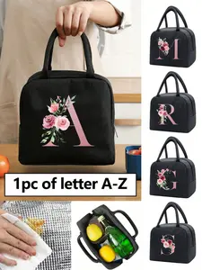 Portable Travel Picnic Bag Insulated Lunch Bag, Flower Letter A-Z Print, 26 Letters Available, School Handbag Lunch Box Lunch Cooler Bag, Insulated Bags