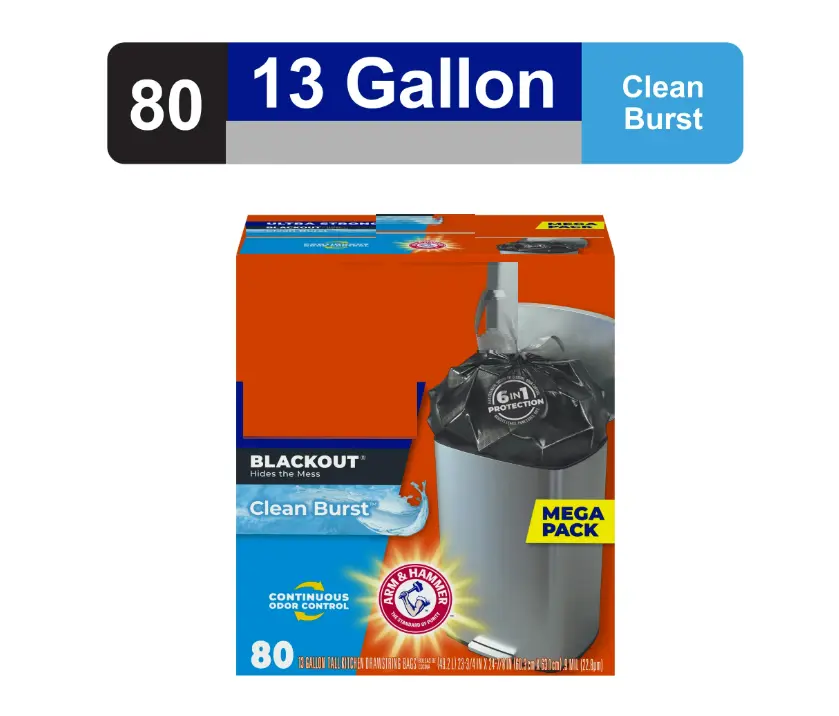 13 gallon Trash Bags, Tall Kitchen Trash Bags, Blackout, Clean Burst Scent, 80 Bags