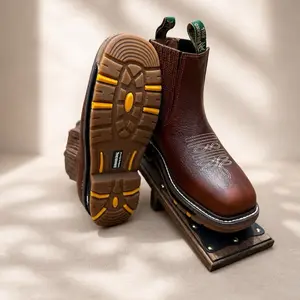 OCRE RODY Brown Leather Work Boots with Yellow Tread Sole and Embroidered Design for Men