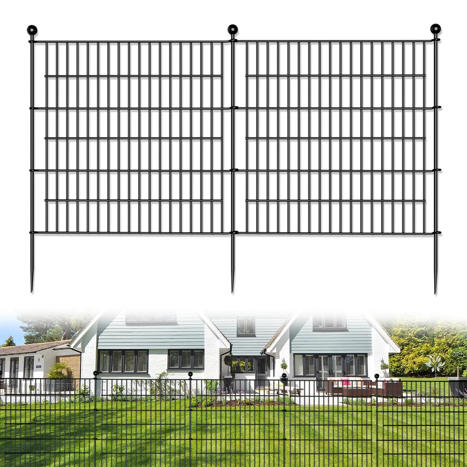 Black Dog Fence Outdoor,10 Panels No Dig Decorative Fence for Outdoor,Yard, Patio,32 in(H) X 24 Ft(L) Animal Barrier Rustproof Metal Wire Panel,Decorative Garden Fence, Yard & Patio Use, Classic, Pre-Assembled