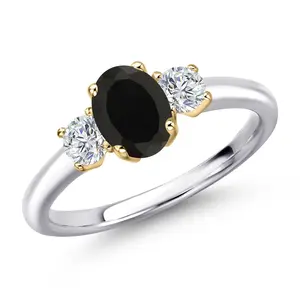 Gem Stone King 925 Silver and 10K Yellow Gold Black Onyx and Lab Grown Diamond Engagement Ring For Women | 1.04 Cttw | Oval 7X5MM | Gemstone December Birthstone