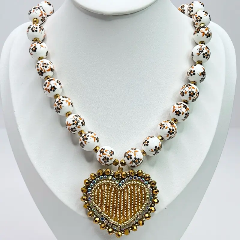 Handmade Ceramic Beads Heart Necklace with Heart Pendant, Decorative Beads, and Elegant Design