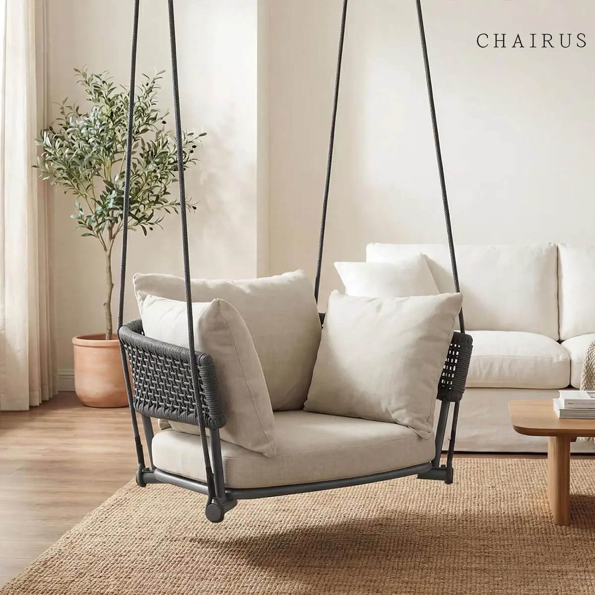 CHAIRUS Single Porch Swings Chair with Cushions Hanging Rope Swing Hanging Chair for Bedroom Hammock Chairs Swing Indoor & Outdoor Macrame Hanging Swinging Patio Balcony