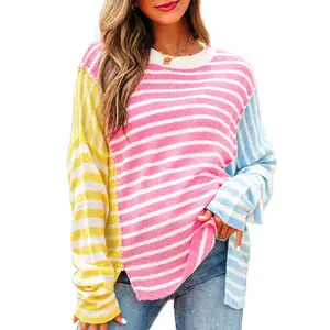 Asvivid Fall Clothes for Women Multicolour Casual Color Block Striped Patchwork Dolman Sleeve Sweater Pullover Tops Knitwear