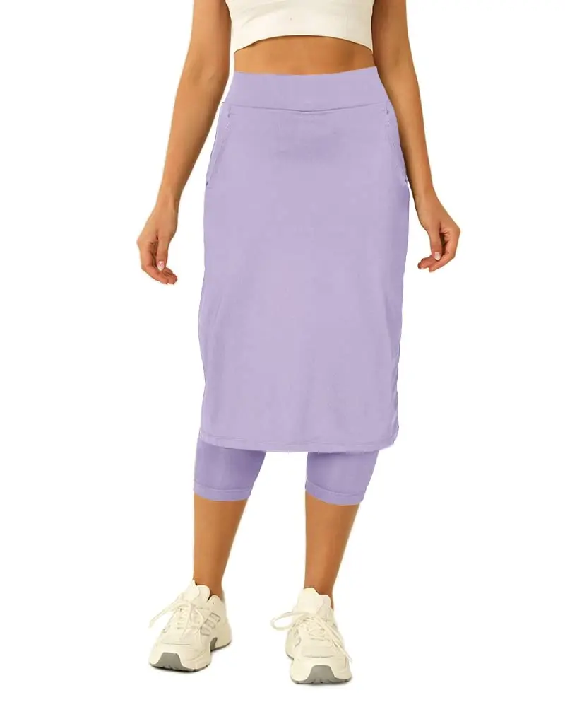 FISOEW Women's Midi-Length Moisture-Wick Modest Athleisure Skort with Capris Leggings, Side Pockets for Tennis, Golf