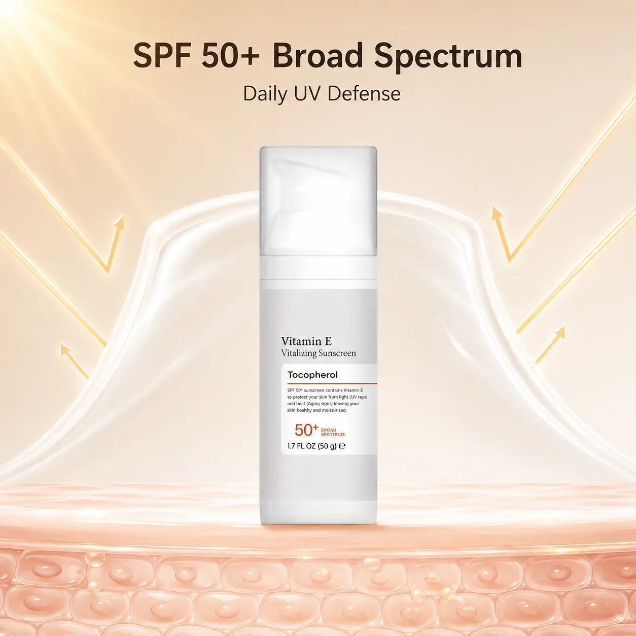 Vitamin E Sunscreen SPF 50+ Broad Spectrum, Lightweight Moisturizing Face Sunscreen Cream with Tocopherol, Daily UV Defense, Paraben-Free Sulfate-Free Phthalate-Free, 50g