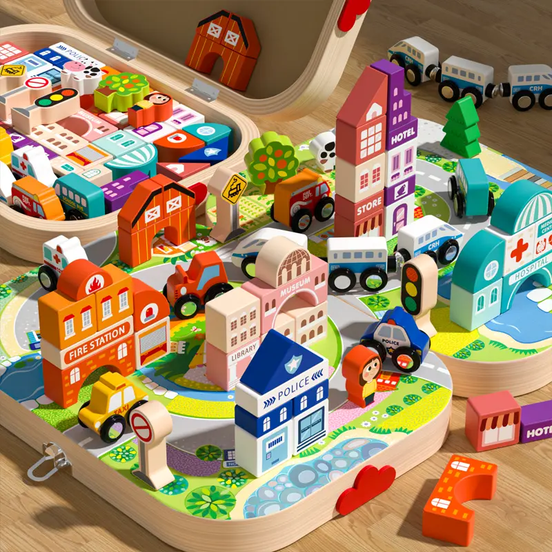 Edutree Cityscape Creative Wooden Building Blocks, Educational Toy for Kids, Magnetic City Playset with Cars, Traffic Signs, and Miniature Buildings, Fine Motor Skills & Imagination Development, Birthday Halloween Gifts For Boys Girls, Mother's Day