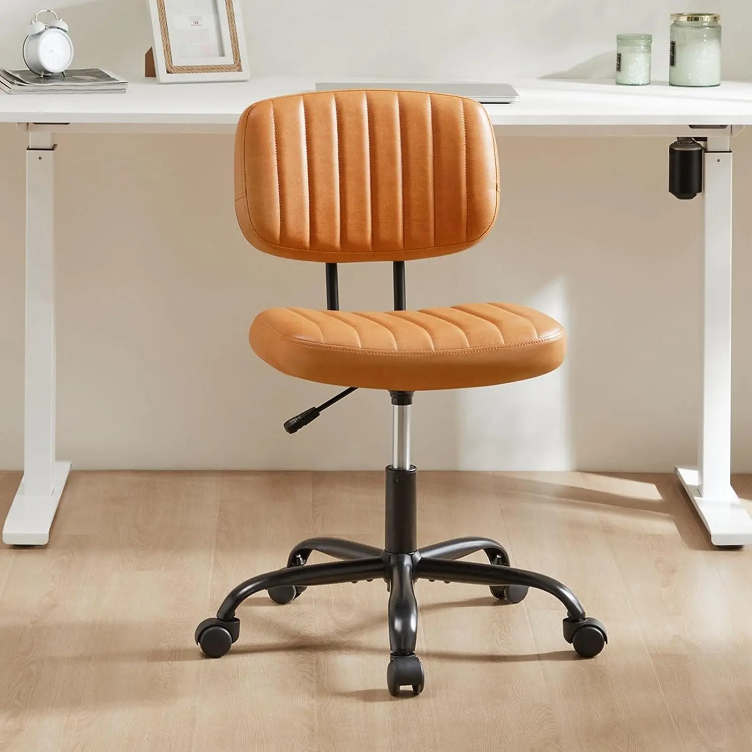 【Deal】Armless Office Chair - PU Leather Low Back Adjustable Height 360° Rolling Swivel Desk Vanity Furniture, Space Saving for Small Spaces, Ideal for WFH Setup (Adjustable Height Chairs)