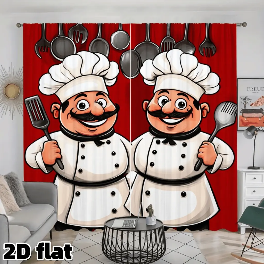 2D 2Pcs Cartoon Chef Pattern Curtains, Home Decorative Curtain, Kitchen Restaurant Theme Red Background Cooking Utensils Design Rod Pocket Semi Sheer Polyester Fiber Suitable for Dining Room Cafe Window Decoration Home Decor Privacy Protection