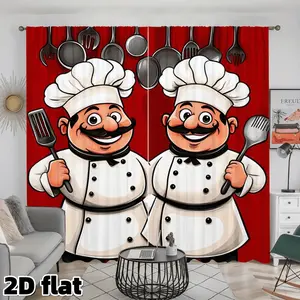 2D Flat 2Pcs Cartoon Chef Pattern Curtains Kitchen Restaurant Theme Red Background Cooking Utensils Design Rod Pocket Semi Sheer Polyester Fiber Home Textile Suitable for Dining Room Cafe Window Decoration Home Decor Privacy Protection