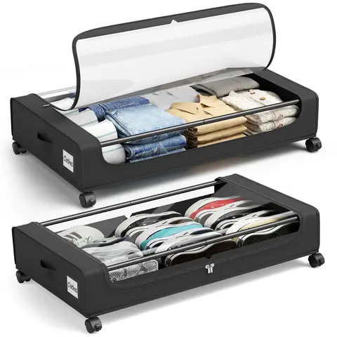 Flycity 2-Pack Black Rectangle Under Bed Storage Boxes with Wheels & Carry Handle - Durable Reinforced 60 lbs High Capacity Dustproof Organizers for Bedroom Clothes, Shoes