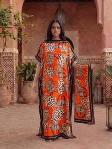 Women's Leopard Pattern Robe Set, Elegant Fitted Long Dress + Headscarf Scarf Hairband, Beach Sun Protection Satin Silk Shawl, Elegance