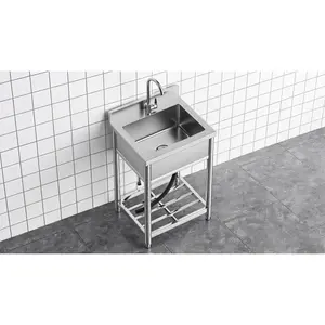 Stainless Steel Utility Sink with Faucet,Stainless Steel Commercial Kitchen Sink, Free Standing, Single Bowl Sink Basin with Cold & Hot Water Faucet, Indoor and Outdoor Sink, 21.7 in