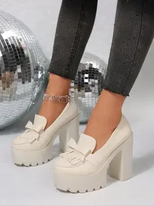 Girls' High Heel Single Shoe with Cute Bow Fringe Design, Elegant Waterproof Thick Sole Mary Jane Style Boots, Comfortable Platform Loafers Versatile Fashion Shoes