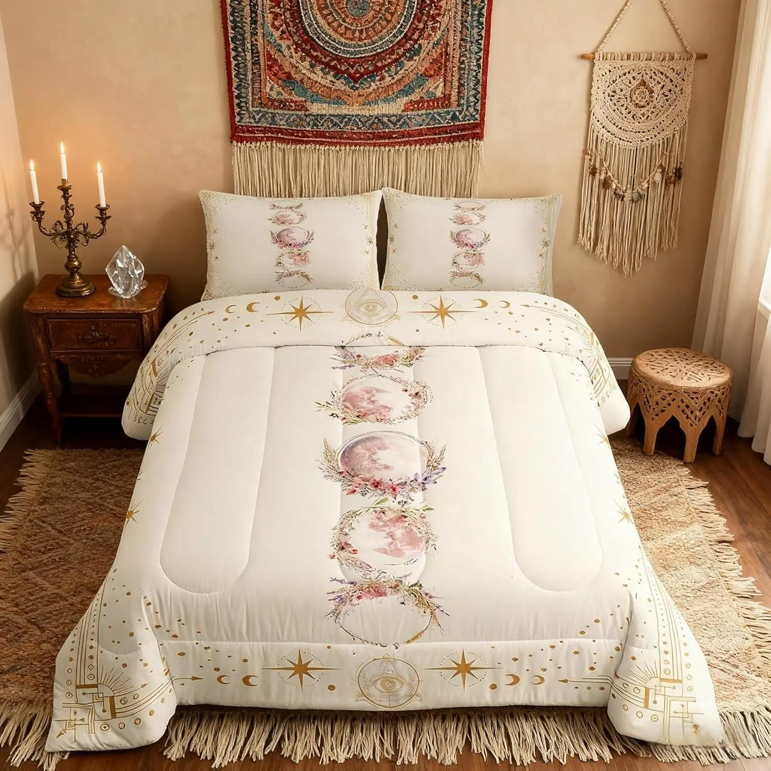 Sun Moon Girly Comforter Set,12 Constellation Universe Bedding Set for Kids Teens Adults Home Room Decor,Geometric Line Dots Boho Quilt Set,Beige Trippy Duvet Insert