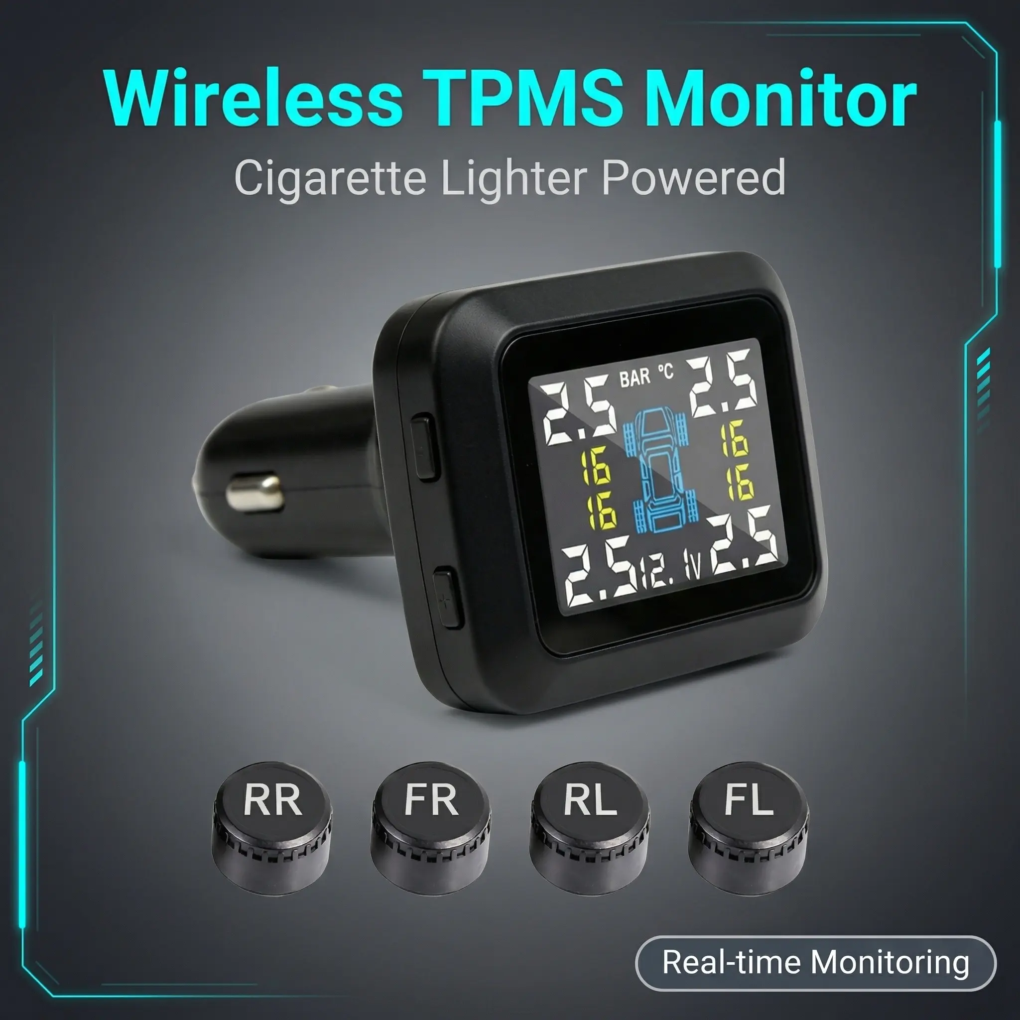 Wireless Tire Pressure Monitor (TPMS) with 4 External Sensors, Plug & Play Cigarette Lighter/Solar Charging, HD Color Screen, 6-Alarm System, 0-98/144 psi Real-Time Monitoring, 50-foot Extended Range for Cars, Towing Vehicles, Campers for Safer Driving