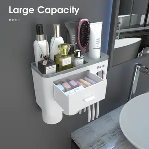 iHave Bathroom Toothbrush Holder Set Wall Mounted, Cups Toothbrush Holders with Automatic Toothpaste Dispenser, Large Capacity Storage Tray, Cosmetic Drawers, Magnetic Cups, Easy Install, Dust-Proof Family Bathroom Organizer & Smart Accessories Home Goods