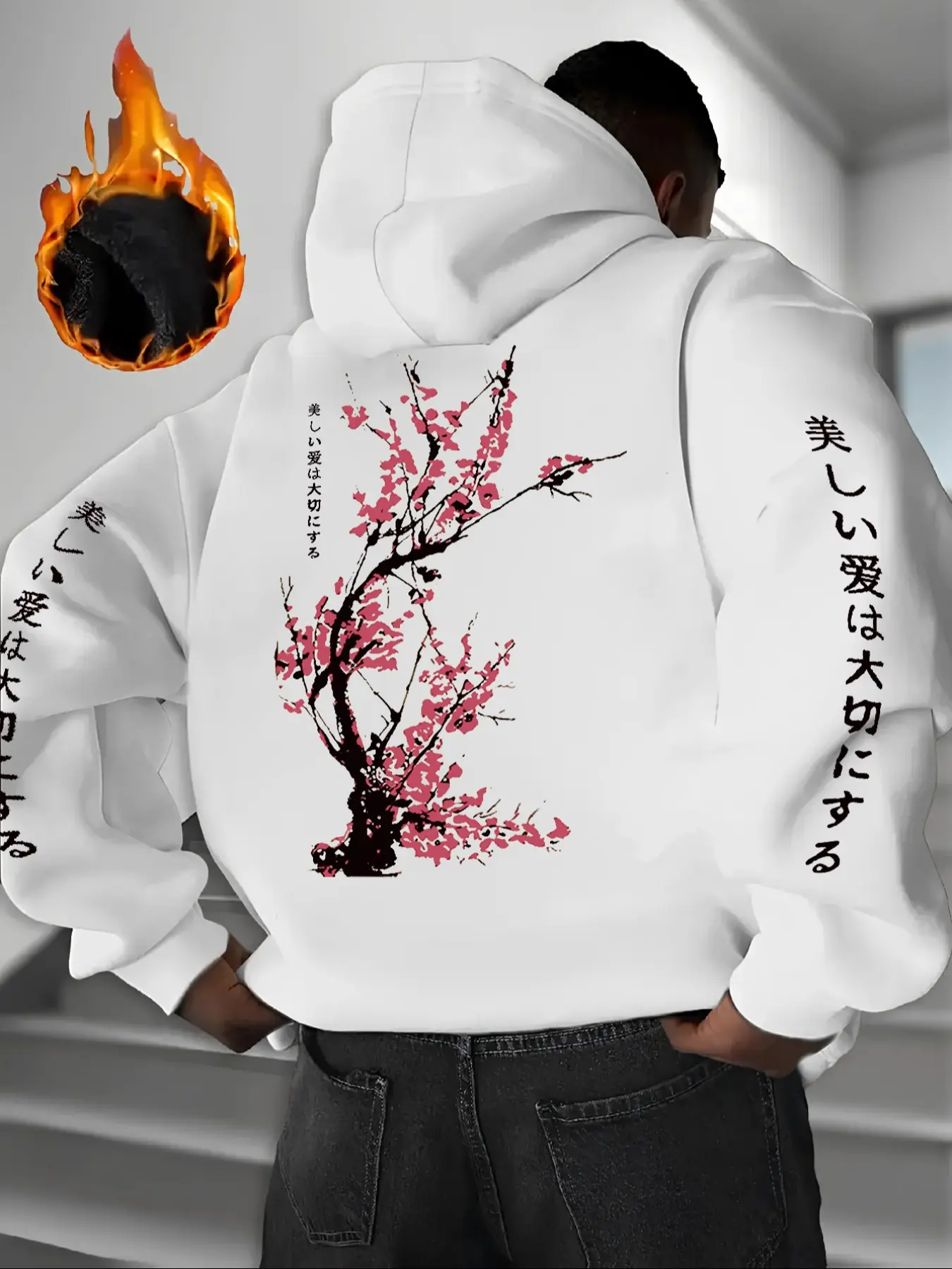 Men's Hooded Streetwear Sweatshirt with Dragon Sakura Print, Casual Long Sleeve Pullover for Fall & Winter, Comfortable Fitted Design, Floral Hoodies