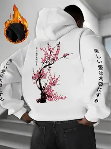 Men's Hooded Streetwear Sweatshirt with Dragon Sakura Print, Casual Long Sleeve Pullover for Fall & Winter, Comfortable Fitted Design, Floral Hoodies