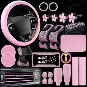 45pcs Women's Bling Car Interior Set, PU Leather Steering Wheel Cover, Seatbelt Cover, Armrest Pad, Bling Rhinestone Phone Holder, License Plate Holder, Hook, Glasses Holder, Floral Vent Clip, Enhances Vehicle Aesthetics, Suitable for Car Enthusiasts