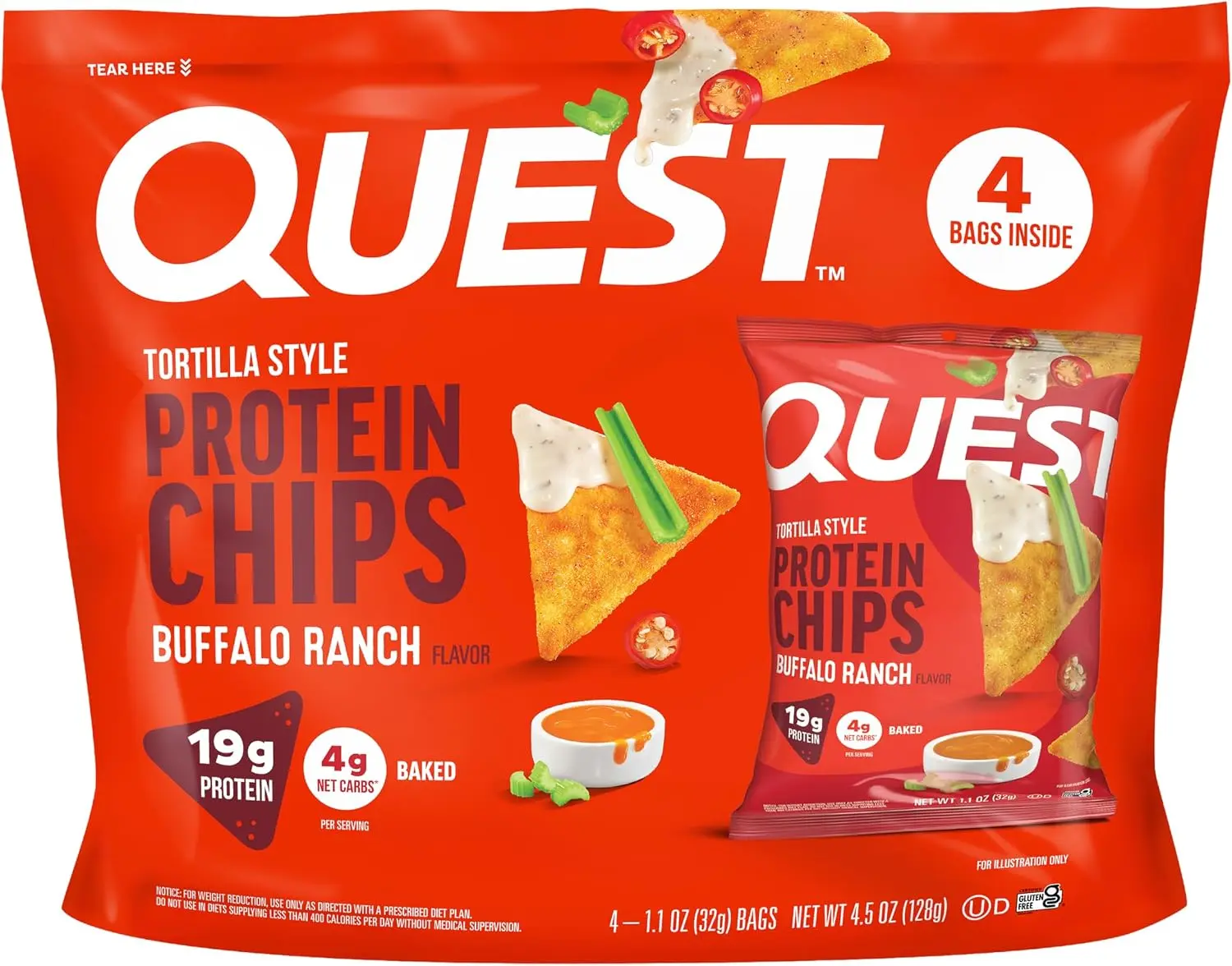 Quest Nutrition Buffalo Ranch Tortilla Style Protein Chips, 4 Count | 19g Protein, 4g Net Carbs, Gluten Free, Crunchy Baked Chips, Tangy Heat With a Hint of Ranch Flavor, Individual 1.1oz Bags