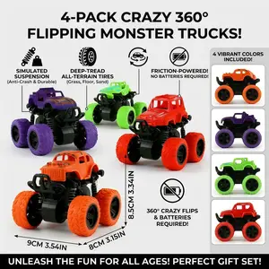 4 Friction-powered monster trucks suitable for children over 2 years old | Push to go, bidirectional driving, suitable for any terrain, 360° rotation