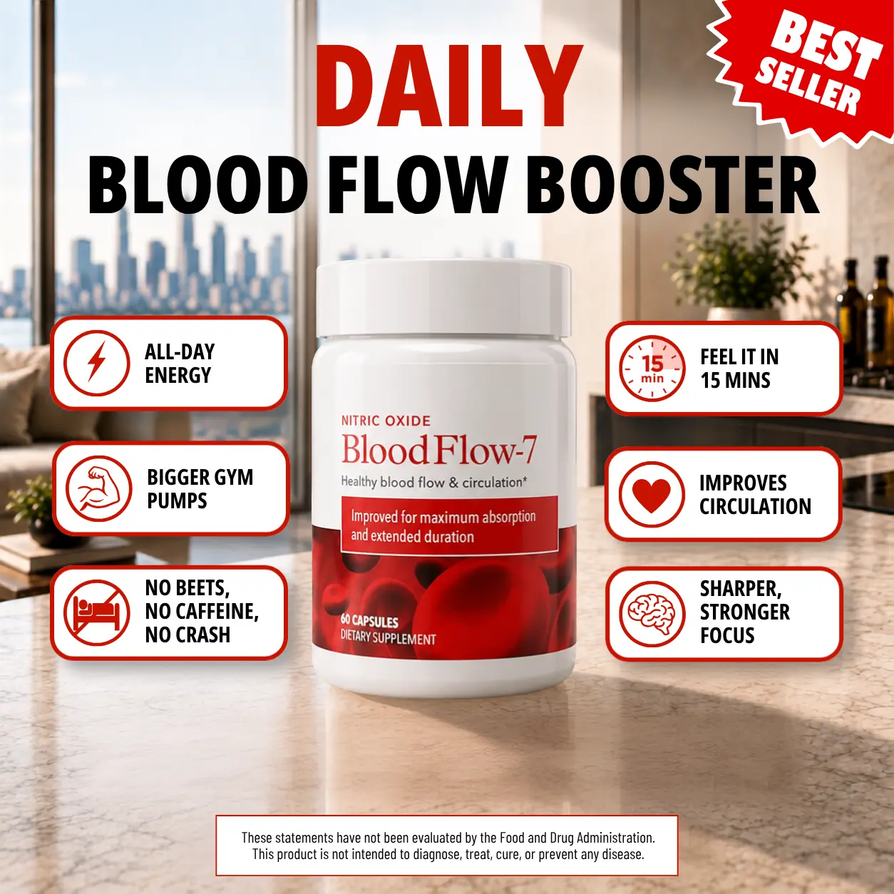Juvenon BloodFlow-7 Nitric Oxide Booster – Blood Flow & Circulation Support Supplement with S7, Nitrosigine & Trans-Resveratrol – Supports Healthy Legs, Feet & Heart – Caffeine Free – 60 Capsules, 30-Day Supply