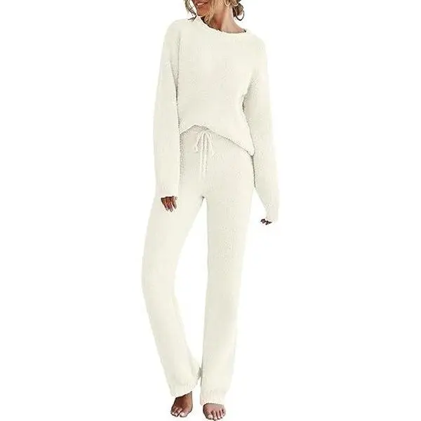 MEROKEETY Womens Pajama Sets 2025 Fall Lounge Sweater Set Cute Fuzzy Fleece 2 Piece Long Sleeve Cozy Winter Pj Outfits