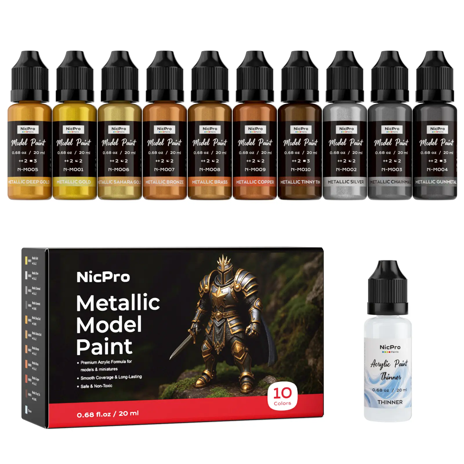 Nicpro Model Paint Set, 20ml Ready to Use Modeling Acrylic Paints, Brush & Airbrush Compatible, Miniature Paint Set for Beginner & Pro on Model, Scale Figure, Crafts, with 1 Thinner