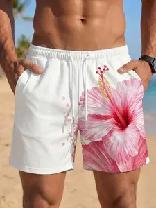 Men's Hibiscus Print Breathable Beach Shorts, Slim Muscle Fit Water-Resistant Surf Shorts, Elastic Waist Drawstring, Multi-Wear for Summer Beach, Pool, Gym & Daily, Swim Shorts, Swimwear Shorts, Trunks