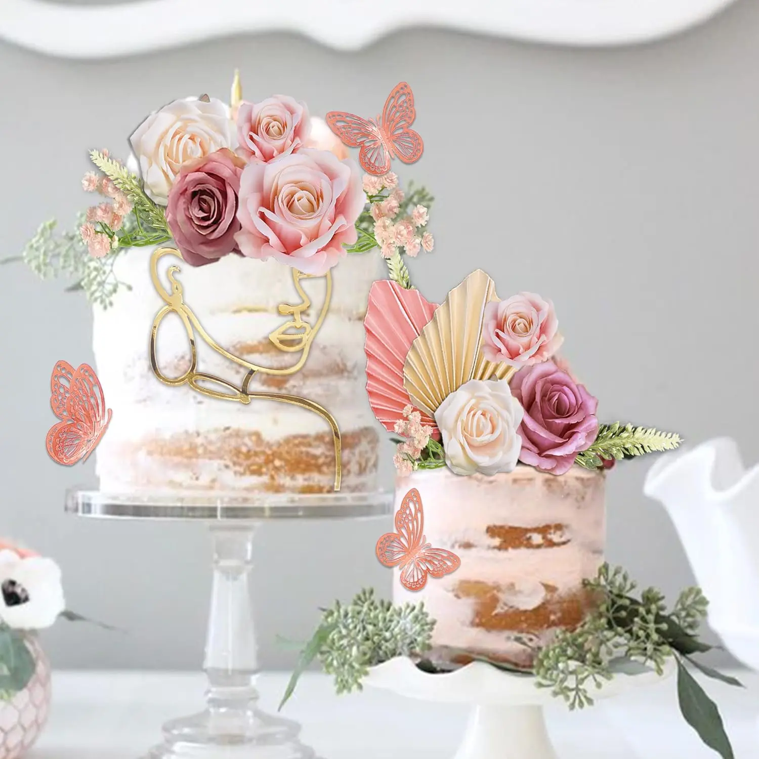26-Piece Floral Cake Toppers Set - Boho Acrylic Minimalist Art Lady Face, Butterflies, Palm Leaves, Vintage Purple-Pink Artificial Flowers Decor Ornaments for Women's Birthday Wedding Party Supplies