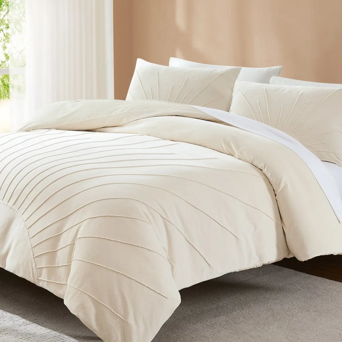 Lush Decor x Chuks Collins Solar Drift Velvet Duvet Cover Set - 3-Piece Queen/King Size with Pintuck Detailing & Cotton Backing for Modern Luxury