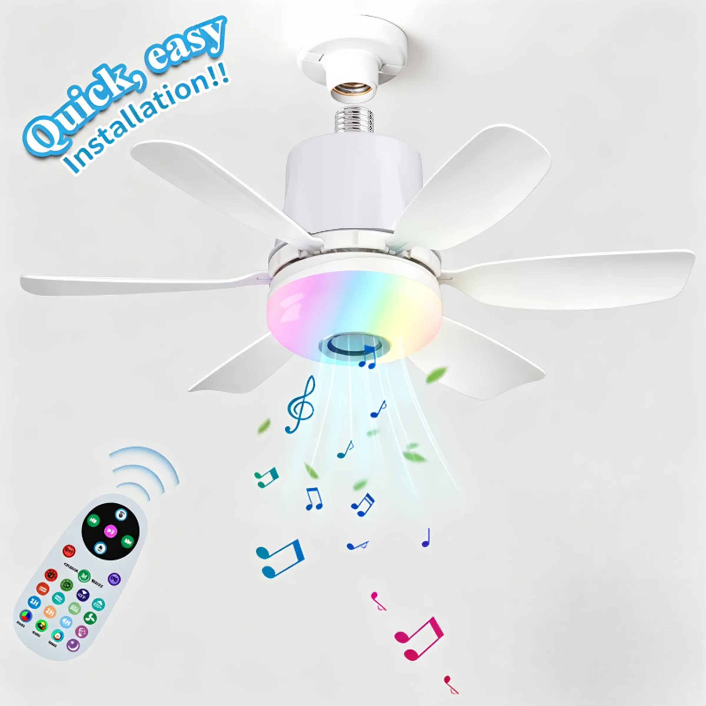 Cool Summer Vibes, 20in 28W Bluetooth RGB Music Ceiling Fan Light, Dimmable LED Fan Lamp with Remote Control, Color Mood Lighting Perfect for Summer Bedroom & Home Party Decor. （Installation with soft suspension cables is prohibited.)