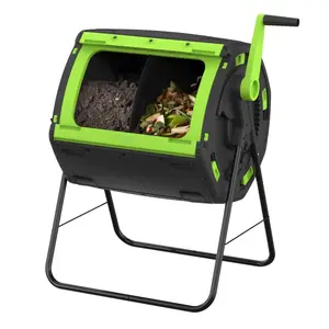 212 MAIN 48gal Geared Double-Compartment Compost Tumbler - Steel Frame Compost Bin, Rotating Bin with Slide Door, Gear Lock Handle, Open Front for Home Use