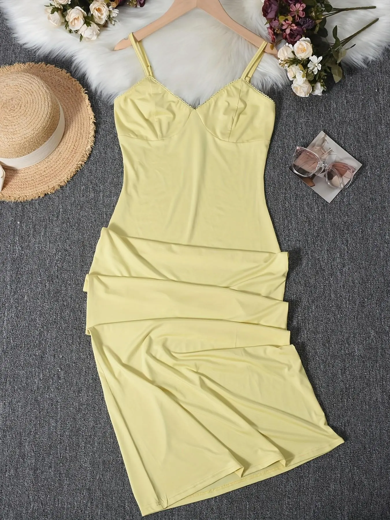 Butter Yellow Ruched Bodycon Cami Midi Dress, Sleeveless, Viral Summer OOTD, Silky Satin Stretchy Fabric, Y2K Aesthetic Party Club Date Night Beach Vacation, Slim Fit Lace Trim Spaghetti Strap Adjustable Straps, Trending 2026 Womens Fashion