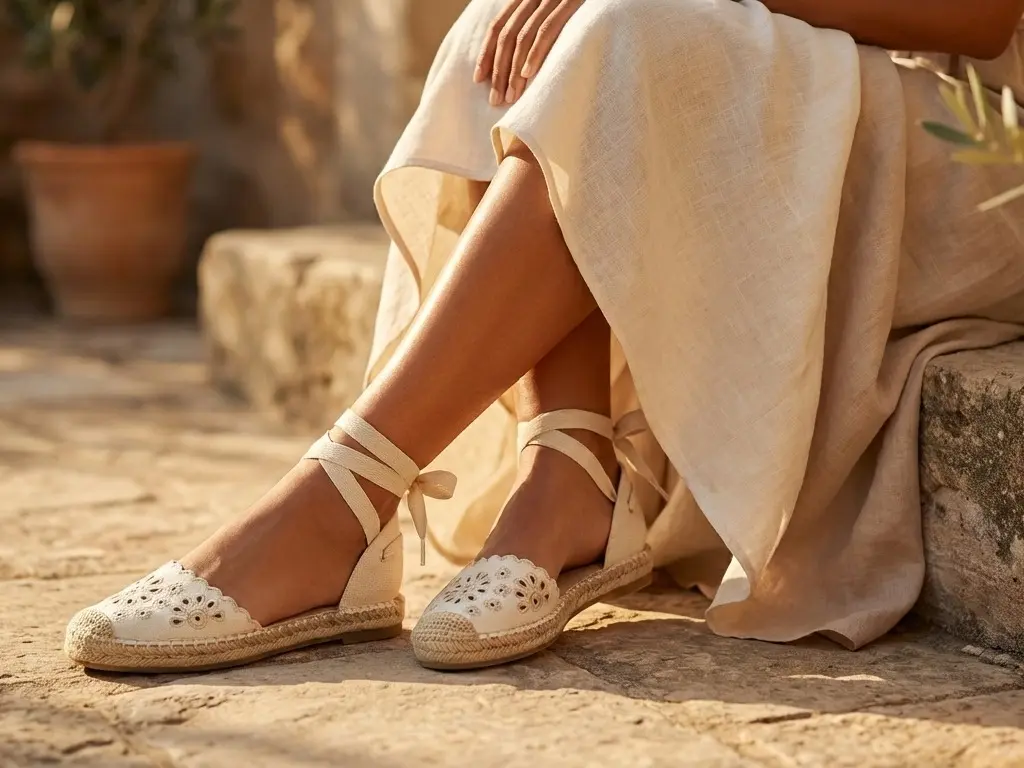 FOREVER Women's Embroidered Cut-Out Espadrille Flats, Breathable Canvas Walking Shoes with Adjustable Lace-Up Ankle Tie Bow & Flat Sole, Flat Sole Shoes
