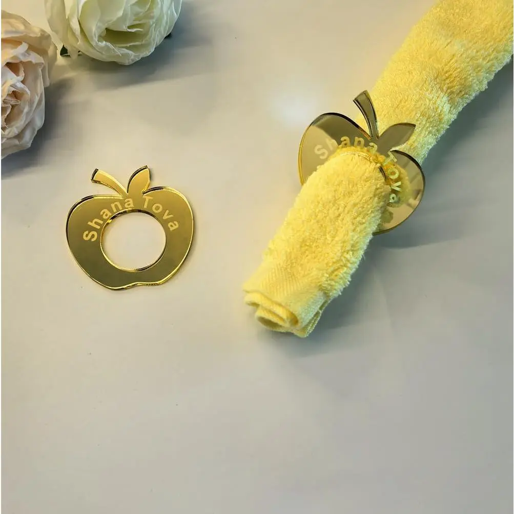 Shana Tova Gold Napkin Rings,Set of 12 Acrylic Gold Apple Shape for Elegant Weddings,Rosh Hashanah Celebrations & Special Events (Gold Mirror) Cutlery Disposable