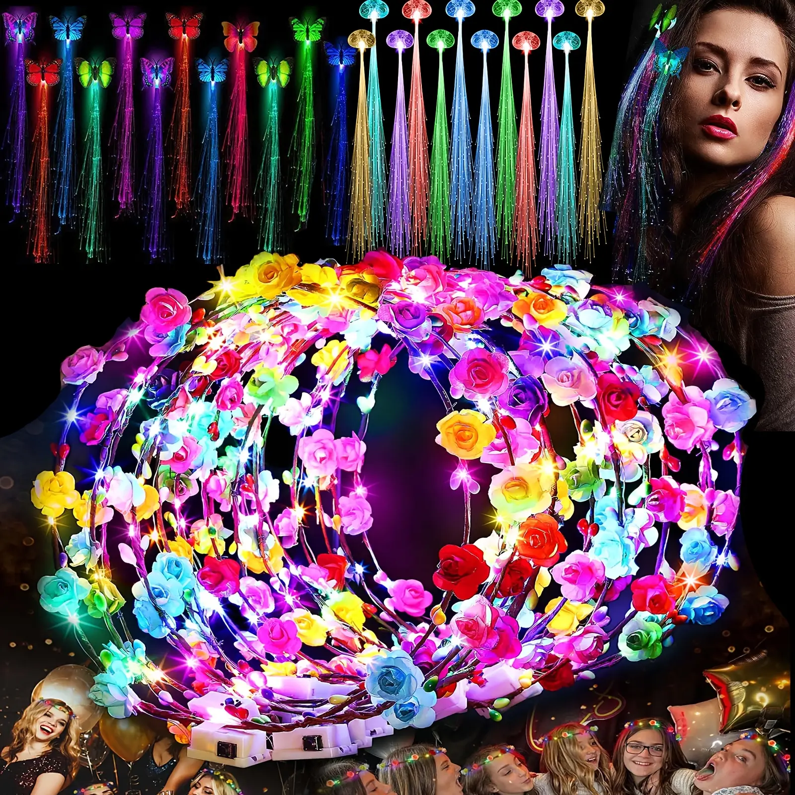 Balonasia 36-Piece Unisex Glow-in-the-Dark LED Party Accessory Set - 12 Flower Crowns, 12 Transparent Butterfly Braids, LED Butterfly Wings, Masks, ABS Components for Birthdays, Weddings, Colorful Festive Home Supplies Decor, Led Light, Colorful Lights