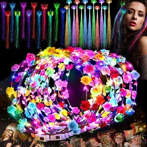 MICRENCY 36-Piece Glowing Party Headpiece Set with 12 Flower Crowns 12 Transparent & Butterfly Braids LED Butterfly Wings for Birthdays Weddings Christmas New Year & Role-Playing Decorations - Masks Glow In The Dark