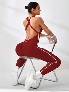 Women's Sporty Workout Jumpsuit with Colorblock Cross Shoulder Straps, Slim-Fitting Yoga Fitness Pants, Above the Ankle, All Seasons